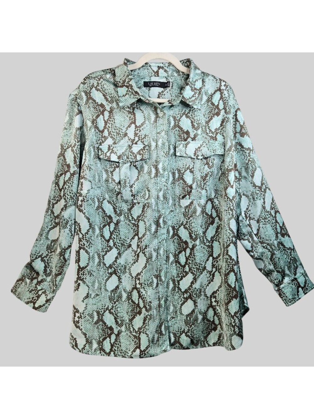 Ralph Lauren Buttondown Shirt Plus Size 2X Satin Snake Print Preppy Collar Top